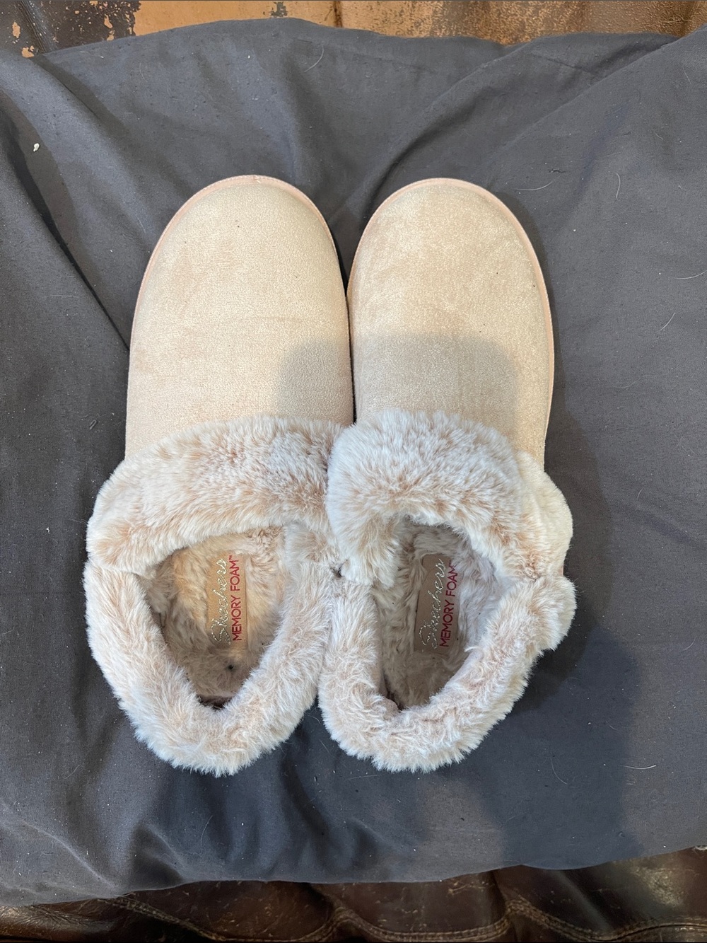 Skechers Beige Faux-Fur Lined Slip-On Slippers